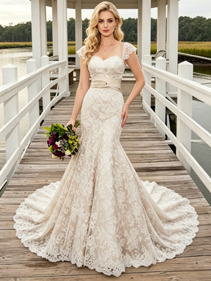 Champagne Mermaid Lace Cap Sleeve Wedding Dress