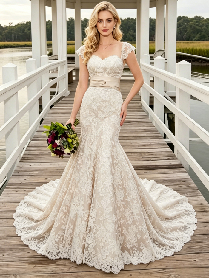 Champagne Mermaid Lace Cap Sleeve Wedding Dress