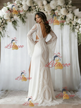 White Lace V-neck Long Sleeve Wedding Dress