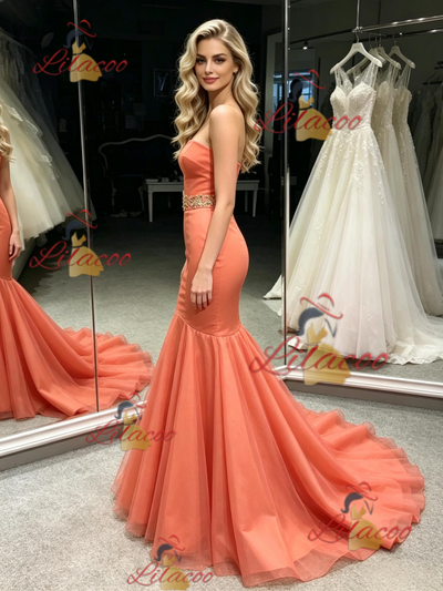 Oragne Mermaid Strapless Prom Dress