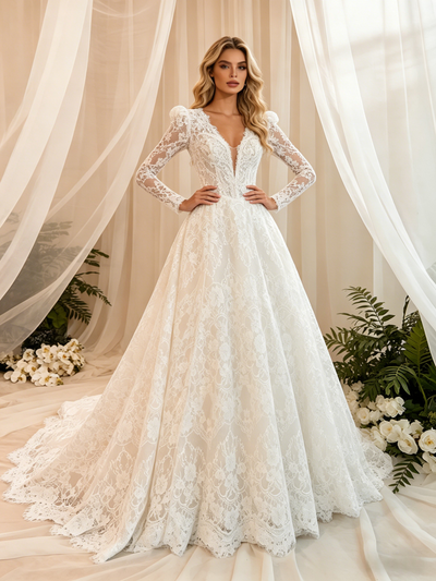 White Lace Long Sleeve V-neck Wedding Dress