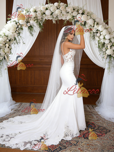 White Mermaid Straps Lace Wedding Dress