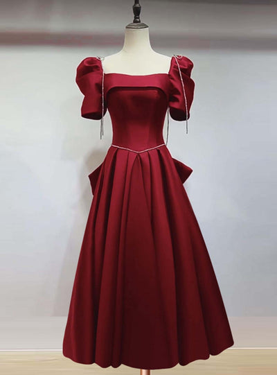 Burgundy Satin Short Sleeve Bow Prom Dress