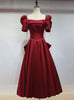 Burgundy Satin Short Sleeve Bow Prom Dress