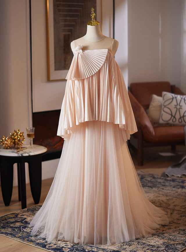 Champagne Tulle Backless Pleats Wedding Dress