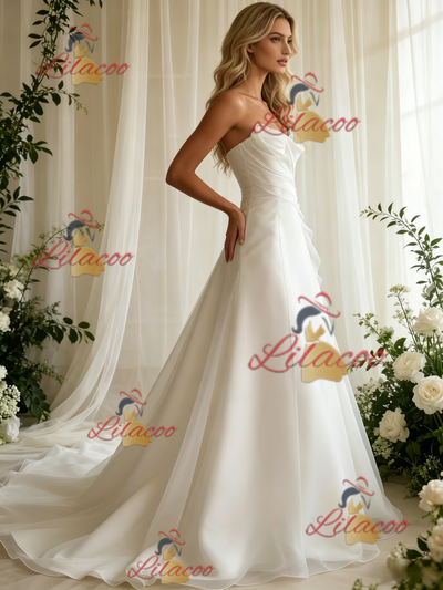 White Tulle Strapless Pleats Wedidng Dress