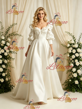 Short Sleeve Satin Square Neck Wedding Dress