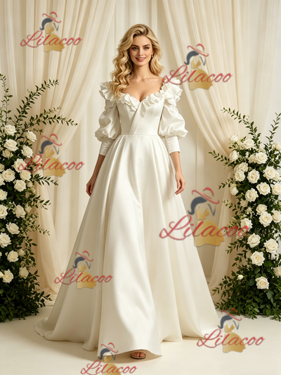 Short Sleeve Satin Square Neck Wedding Dress