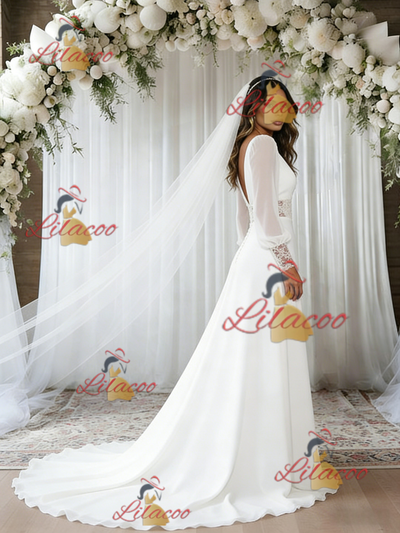 White Long Sleeve V-neck Lace Wedding Dress
