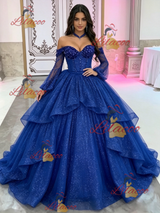Blue Long Sleeve Sequins Beading Quinceanera Dress