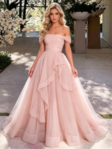 Pink Tulle Off the Shoulder Prom Dress