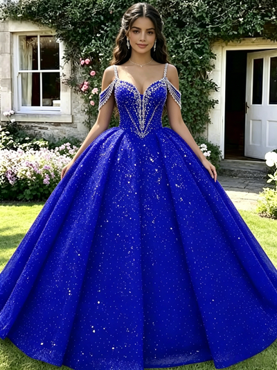 Royal Blue Tulle Sequins Beading Quinceanera Dress