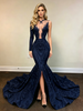 Navy Blue Mermaid Sequins Long Sleeve Prom Dress