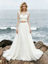 White Lace Two Piece Long Sleeve Wedding Dress