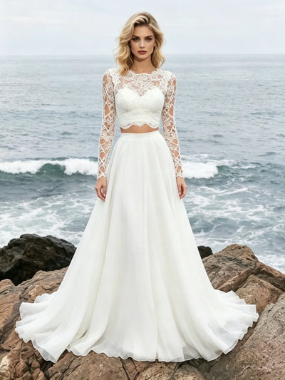 White Lace Two Piece Long Sleeve Wedding Dress