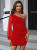 One Shoulder Long Sleeve Sequins Short Dress