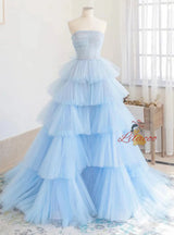 Blue Tulle Tiers Strapless Pleats Prom Dress