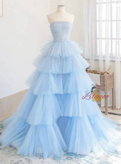 Blue Tulle Tiers Strapless Pleats Prom Dress