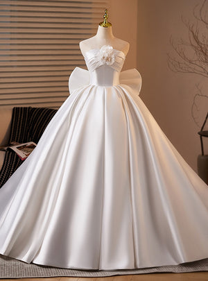 White Satin Strapless Bow Pleats Flower Wedding Dress