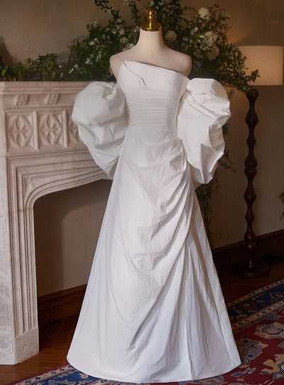 White Pleats Strapless Wedding Dress
