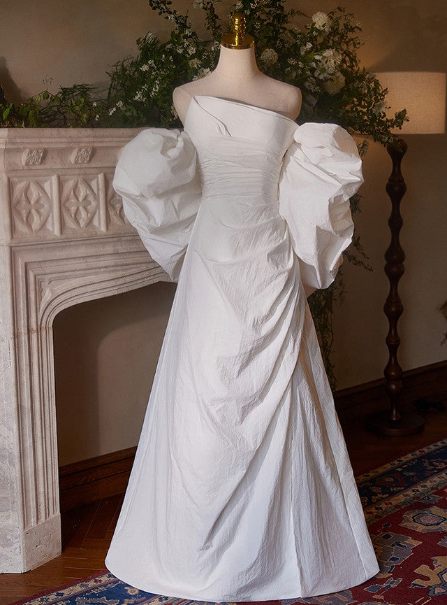 White Pleats Strapless Wedding Dress