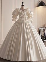 Vintage White Satin Puff Sleeve Wedding Dress