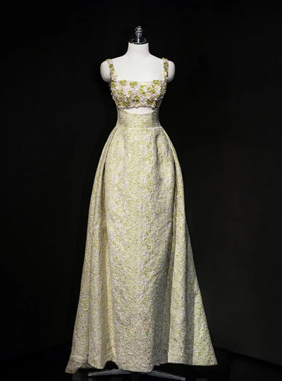 Green Straps Flower Beading Prom Dress