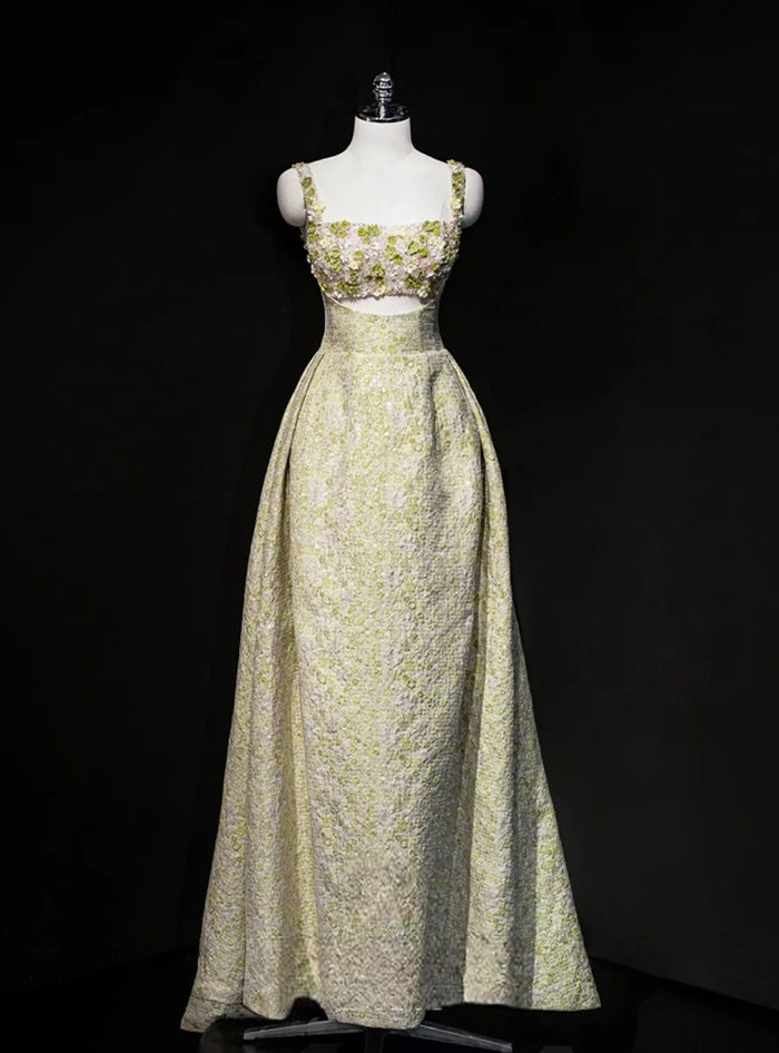 Green Straps Flower Beading Prom Dress