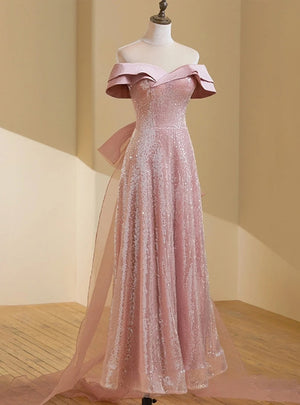 Pink Tulle Sequins Off the Shoulder Prom Dress