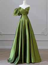 Green Satin Strapless Pleats Prom Dress