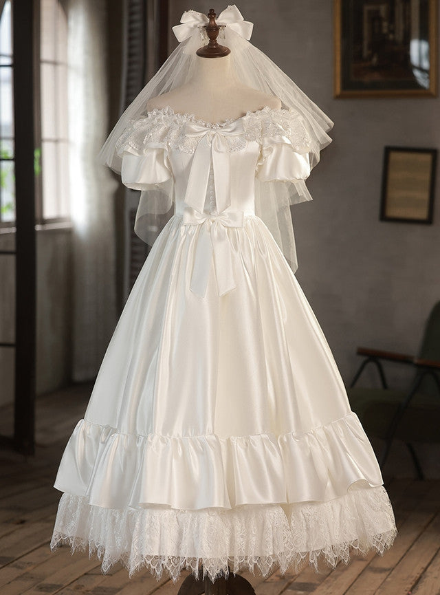 White Satin Lace Off the Shoulder Bow Wedding Dress
