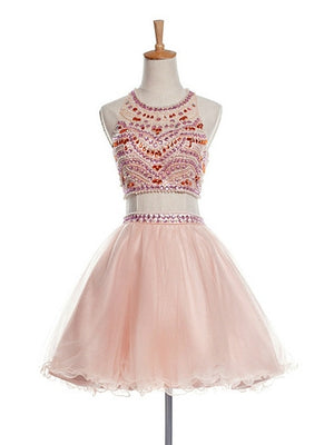 Pink Two Piece Halter Crystal Homecoming Dress