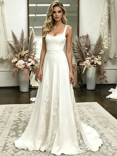 Simple White Straps Wedding Dress