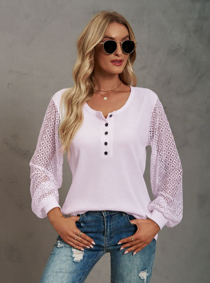 Stitching Long Sleeve Button T-shirt