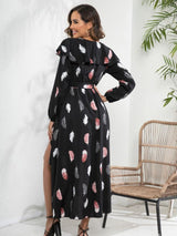 Feather Printed Lotus Leaf Long Sleeve Wrapped Dress