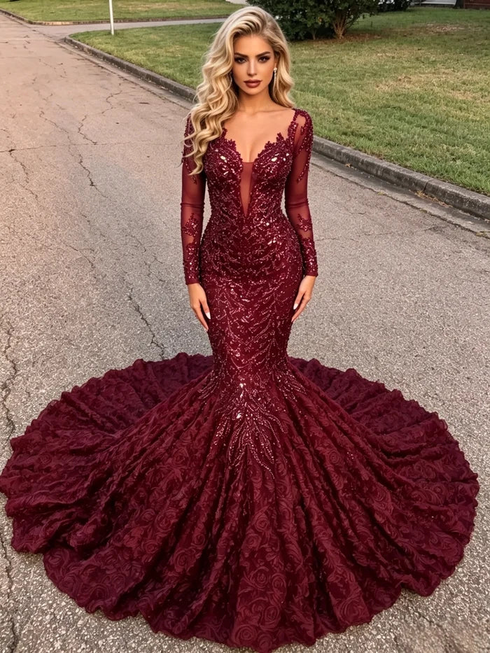 Burgundy Sequins Long Sleeve Prom Dress