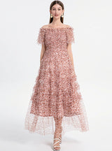 Off the Shoulder Puff Sleeve Leopard Print Gauze Dress