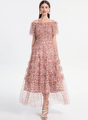 Off the Shoulder Puff Sleeve Leopard Print Gauze Dress