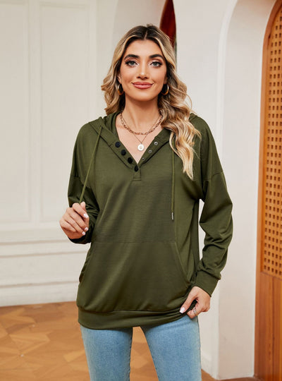 Button Drawstring Pocket Long Sleeve Top
