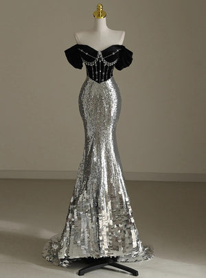 Silver Mermaid Sequins Beading Prom Dress
