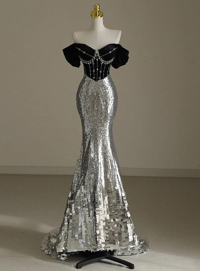 Silver Mermaid Sequins Beading Prom Dress