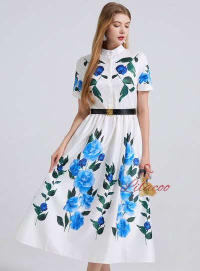 Slim Seaside Short Sleeve Print Long Dress
