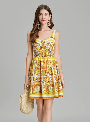 Retro Printed Suspender Short Dress