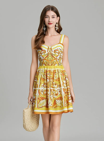 Retro Printed Suspender Short Dress