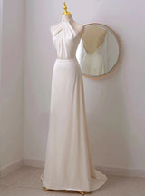 White Satin Halter Backless Pleats Wedding Dress