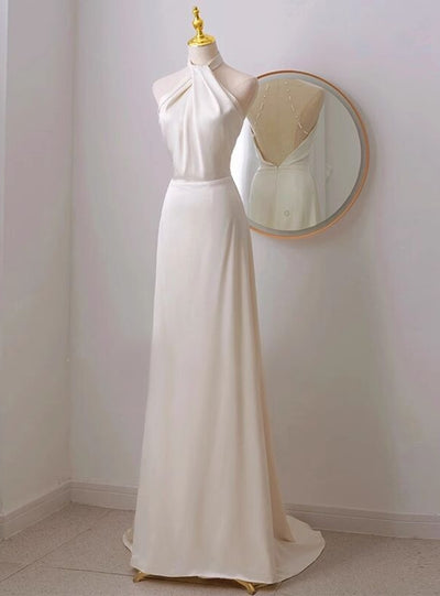 White Satin Halter Backless Pleats Wedding Dress
