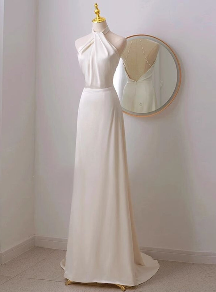 White Satin Halter Backless Pleats Wedding Dress