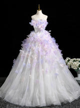 White Tulle Strapless Purple Appliques Dress