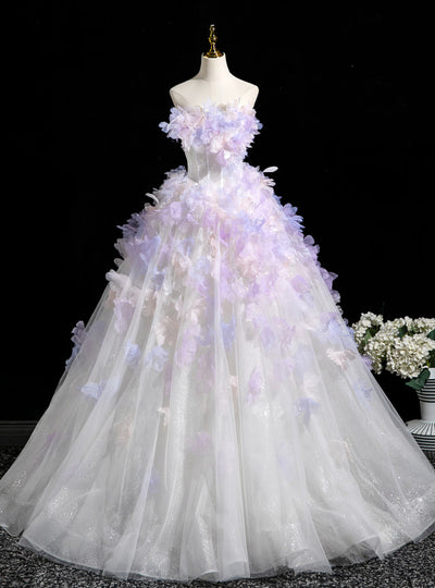 White Tulle Strapless Purple Appliques Dress