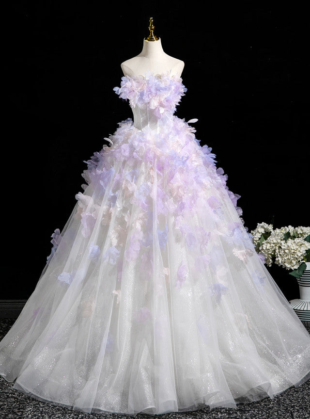 White Tulle Strapless Purple Appliques Dress